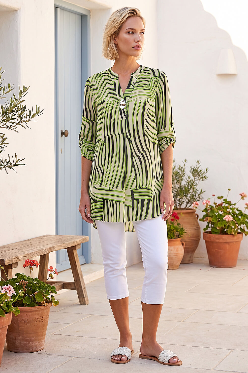 Green Abstract Linear Print V-Neck Button Top, Image 4 of 4
