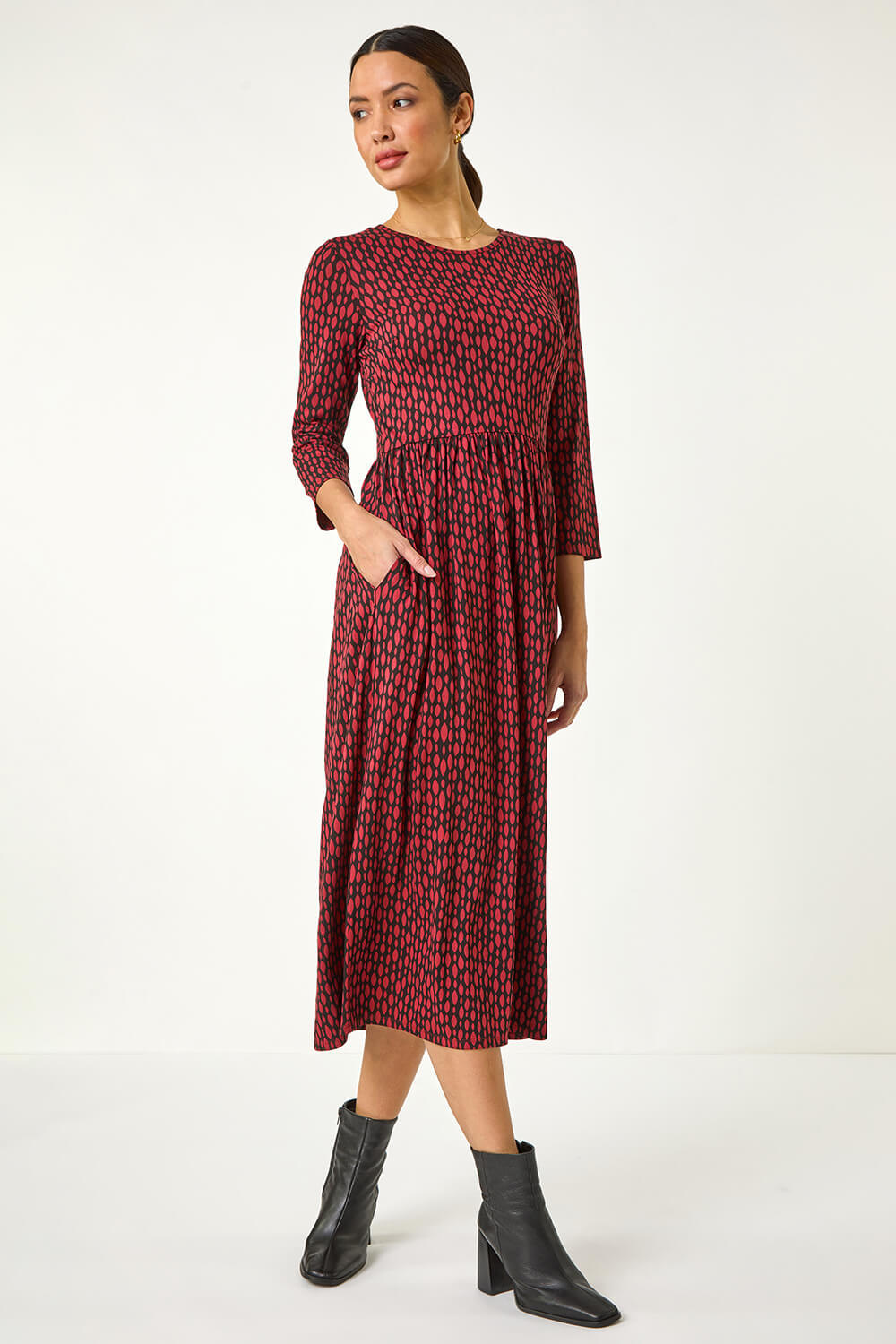 Roman Women's Rust Geometric Pocket Stretch Midi Dress Size 18