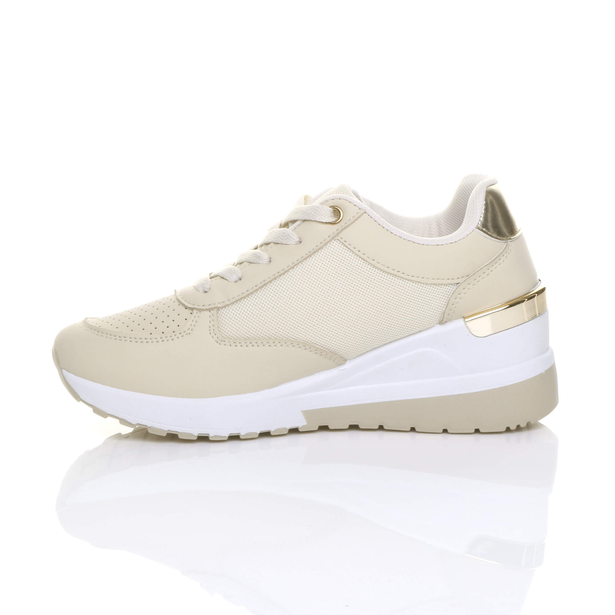 Beige Mid Wedge Heel Lace Up Gold Zip Trainers, Image 3 of 5