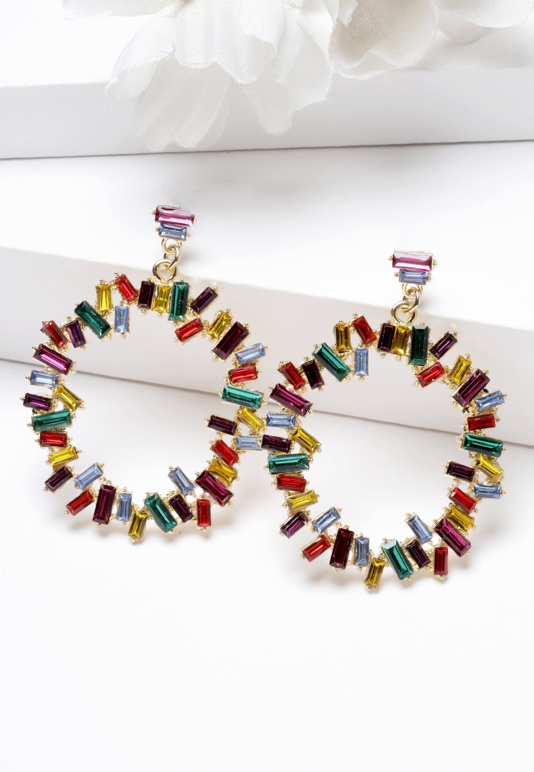Multi Multi-Colored Round Circle Crystal Drop Earrings, Image 2 of 5