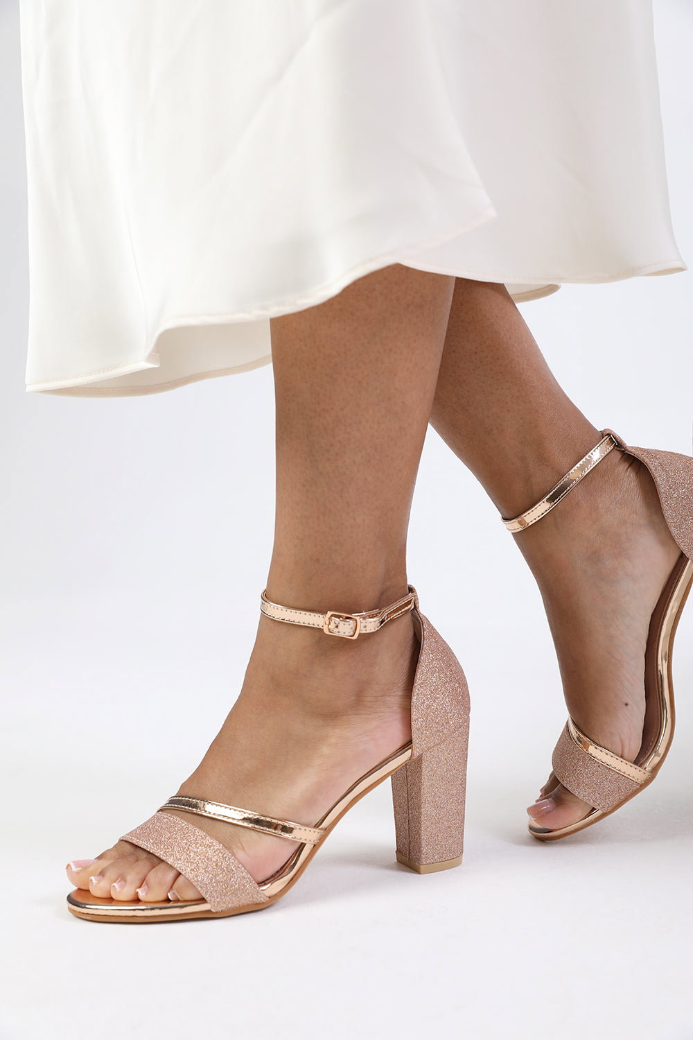 Rose Gold 'Perla' Mid High Block Heel Sandals With Ankle Strap, Image 2 of 5