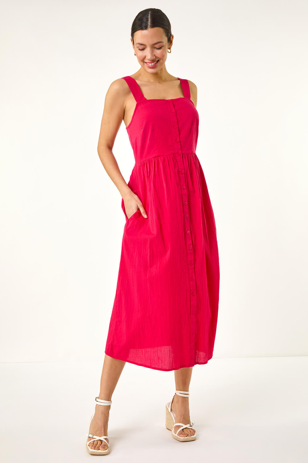 PINK Seersucker Button Midi Sundress, Image 1 of 5