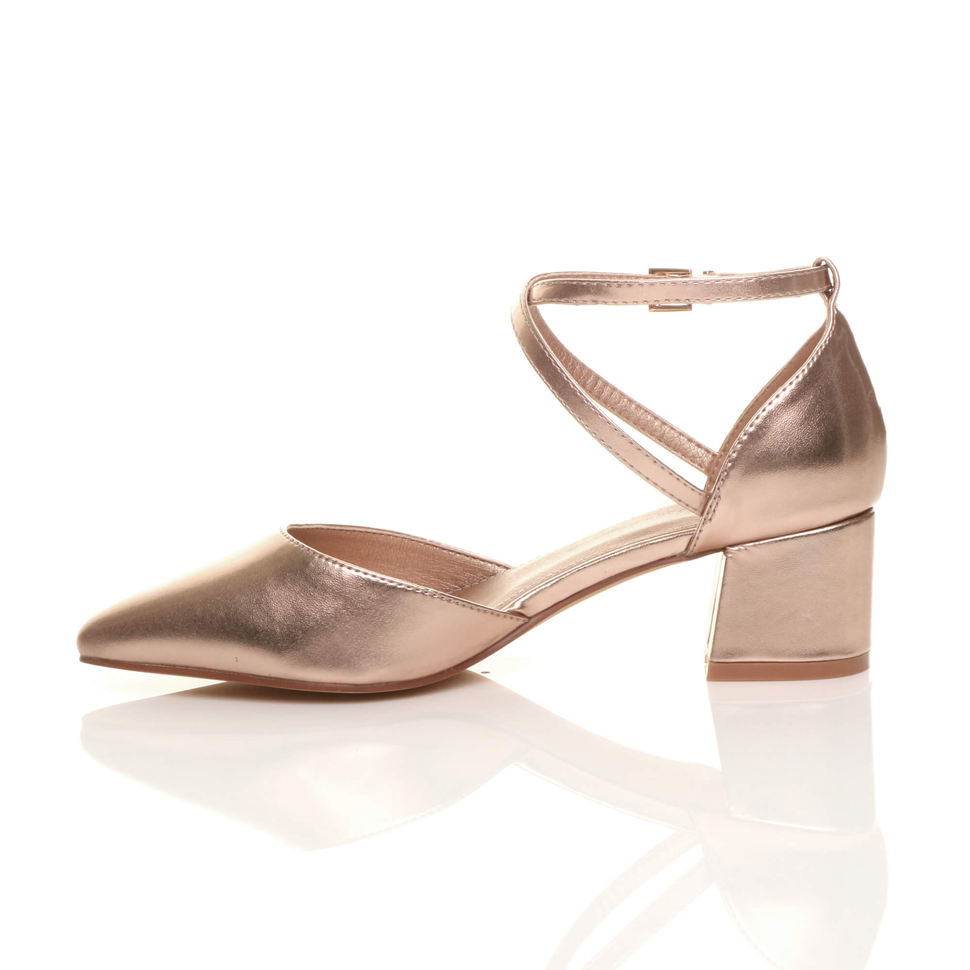 Rose Gold Mid Block Heel Crossed Strap Pointed Toe 2 Part Heels, Image 3 of 6