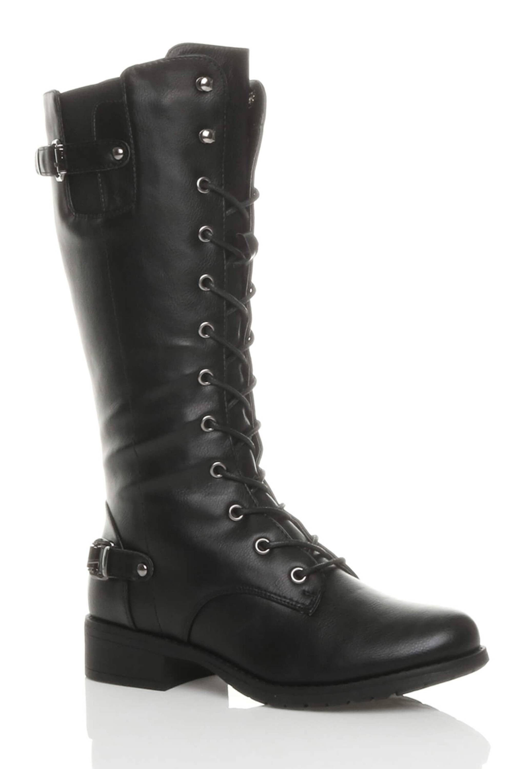 Black Lace Up Calf Military Biker Boots, Image 1 of 6