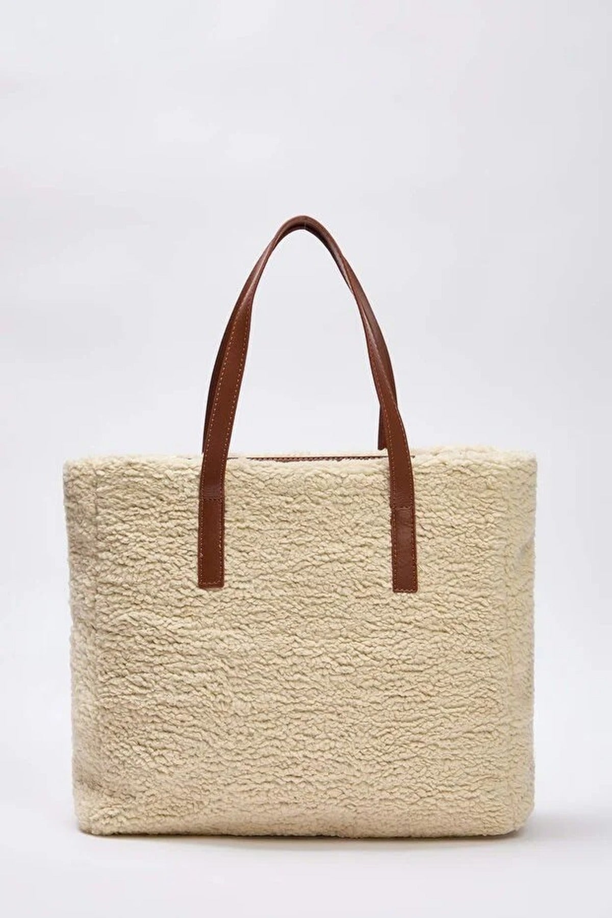 Beige Women's Borg Sherpa Maxi Tote Bag with Contrast Strap, Image 2 of 4