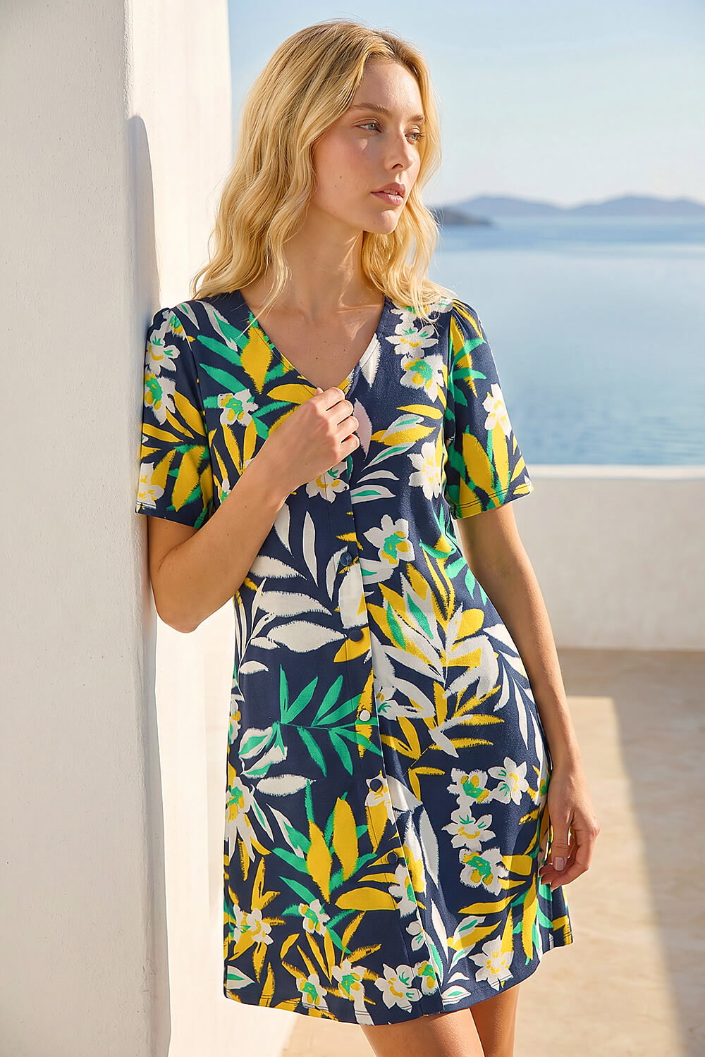 Yellow Leaf Button Detail Tea Dress, Image 4 of 4