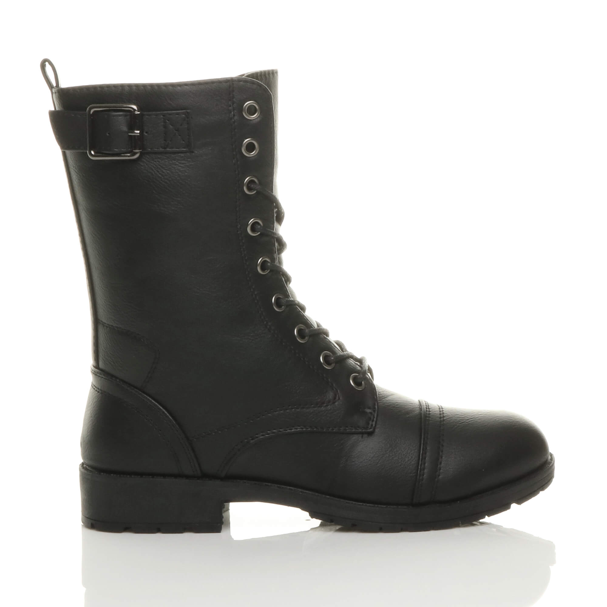 Black AJVANI Black Lace Up Buckles Military Biker Ankle Boots, Image 2 of 6