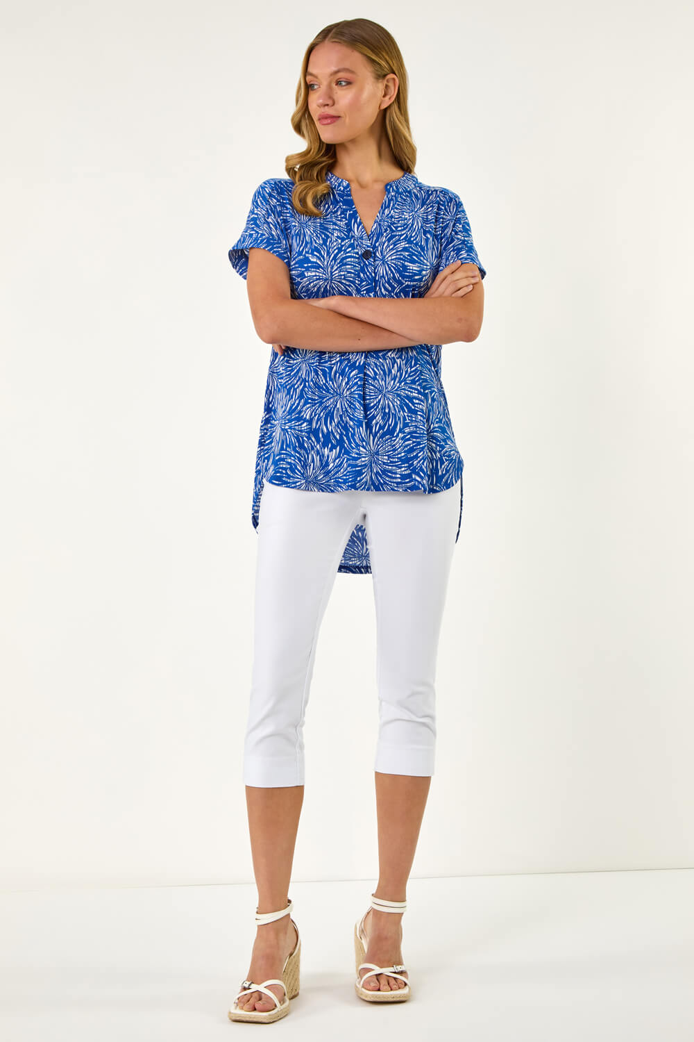 Royal Blue Abstract Print V-Neck Stretch Top, Image 3 of 5