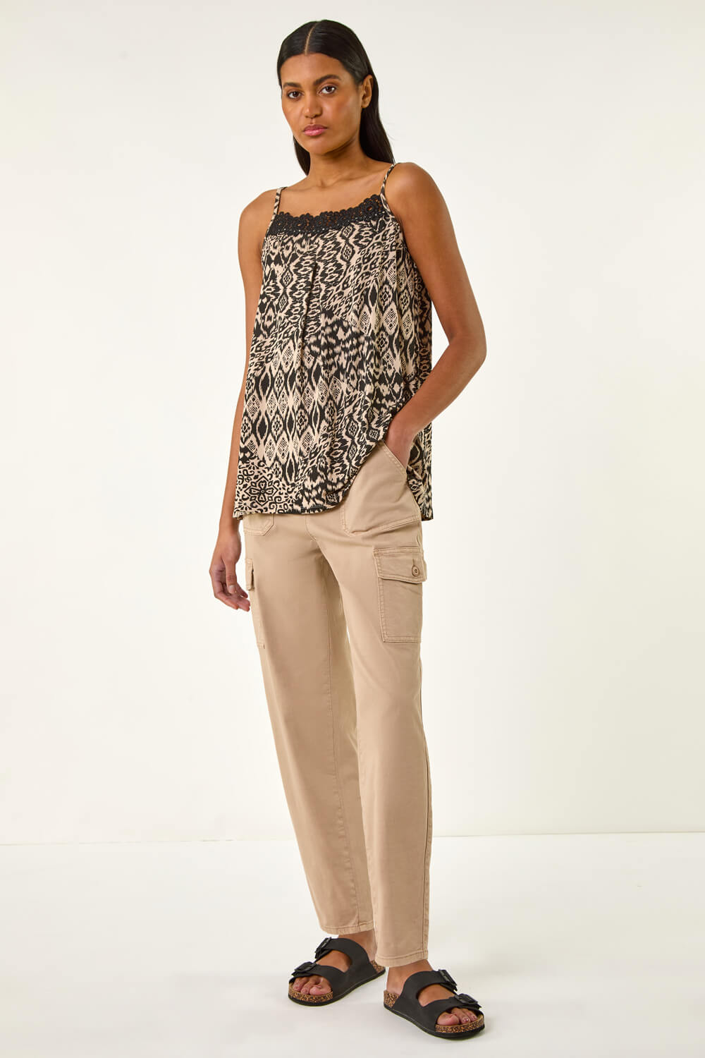 Black Geometric Lace Trim Cami Top, Image 3 of 5