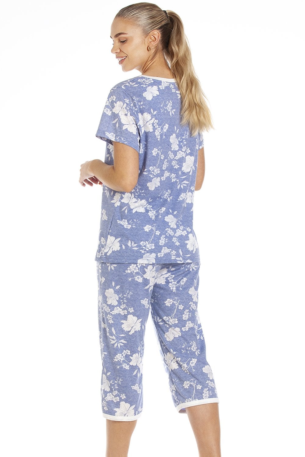 Light Blue Camille Lingerie Light Blue Lightweight Floral Capri Pyjama Set, Image 3 of 5