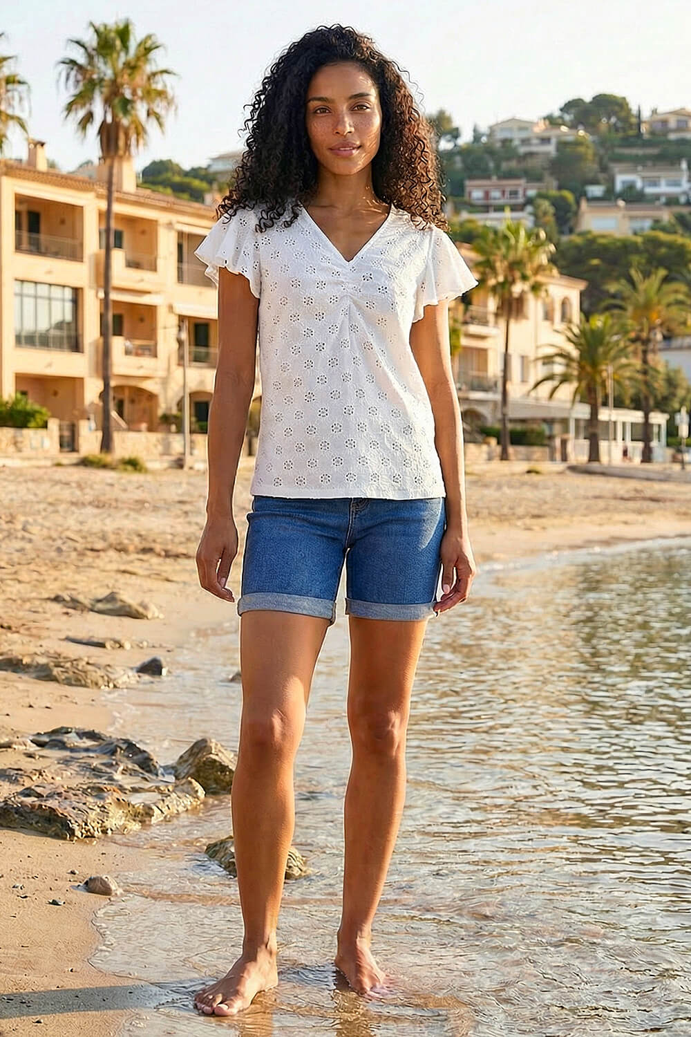 Ivory Broderie Ruched Front Stretch Top, Image 4 of 4