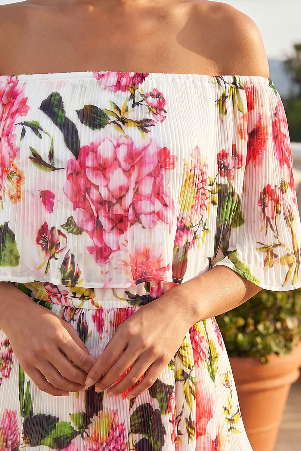Ivory Bardot Floral Tiered Dress, Image 5 of 4