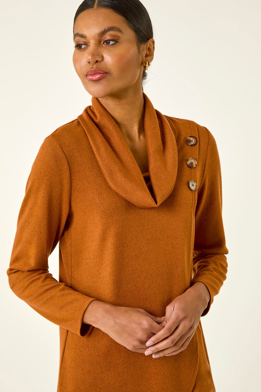 ORANGE Cowl Neck Wrap Tunic Stretch Top, Image 1 of 5