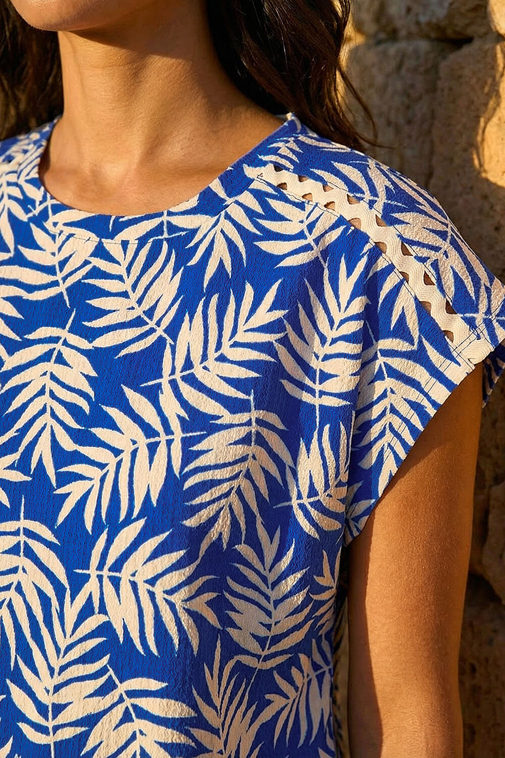 Blue Textured Floral Print Stretch Top, Image 5 of 4