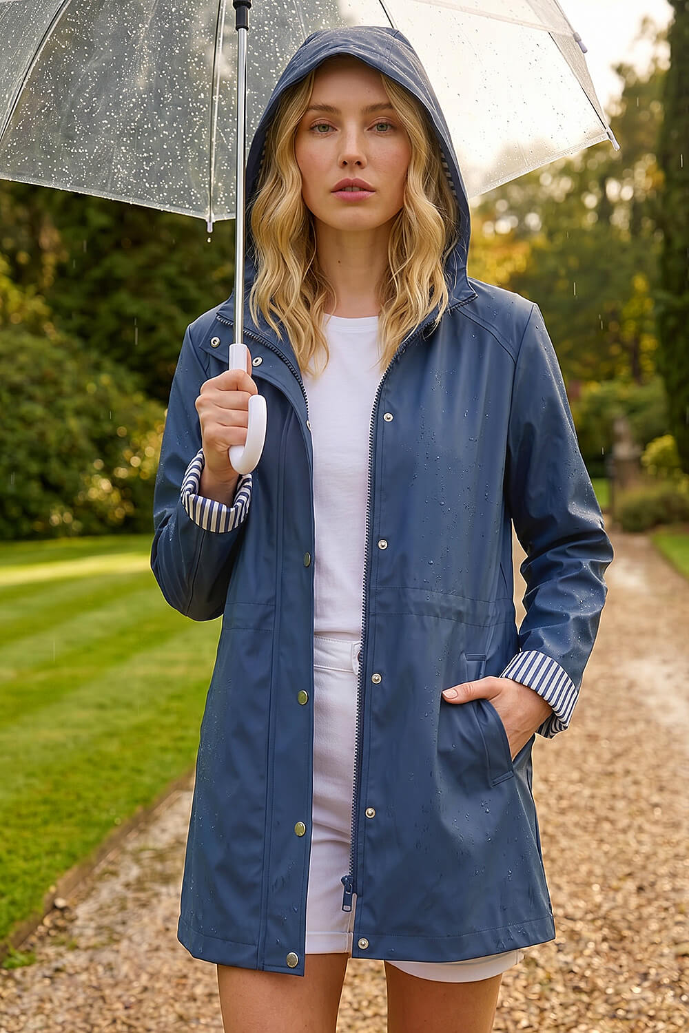 Navy Hooded Stripe Rain Jacket , Image 3 of 4