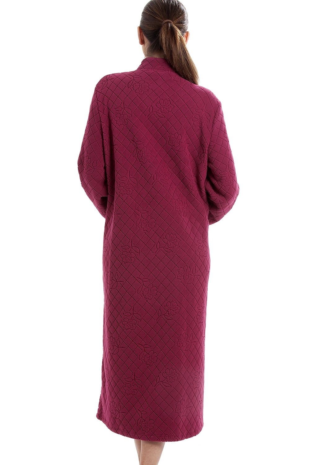 Burgundy Camille Lingerie Burgundy Soft Fleece Floral Button Up Housecoat, Image 2 of 5