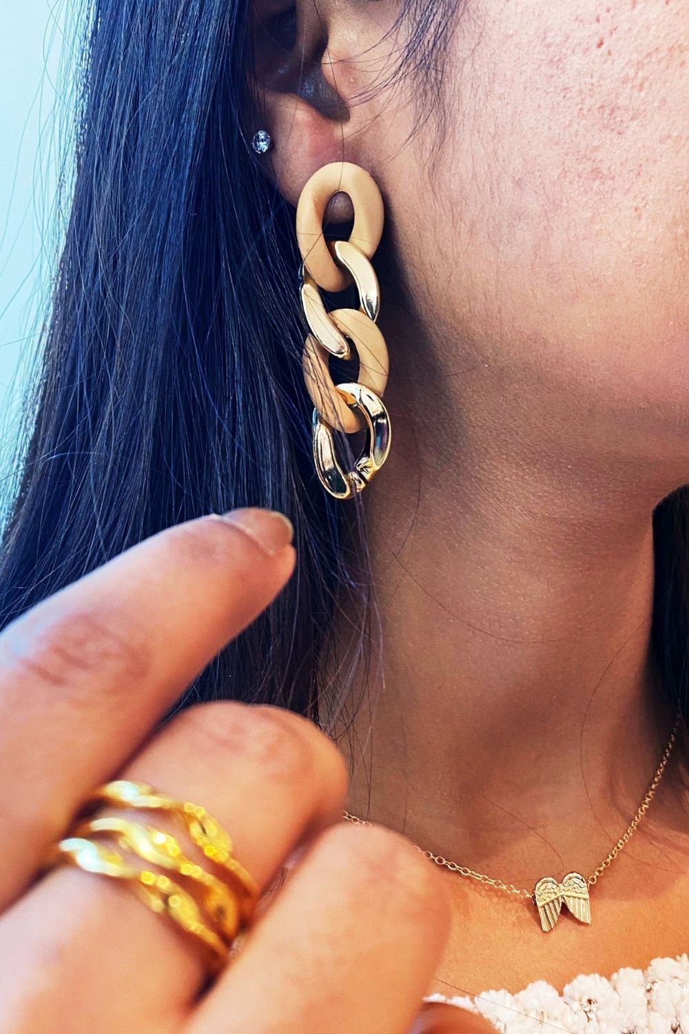 Beige Black and Khaki Rubber Chain Tassel Long Drop Punk Dangle Earring, Image 2 of 3