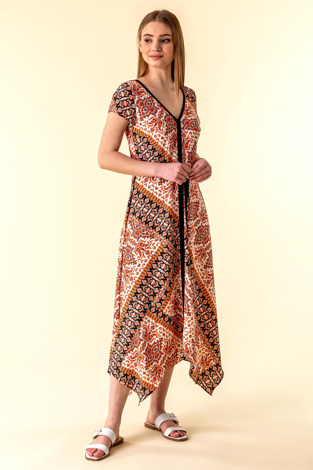 Orange Geo Contrast Print Hanky Hem Dress, Image 4 of 4