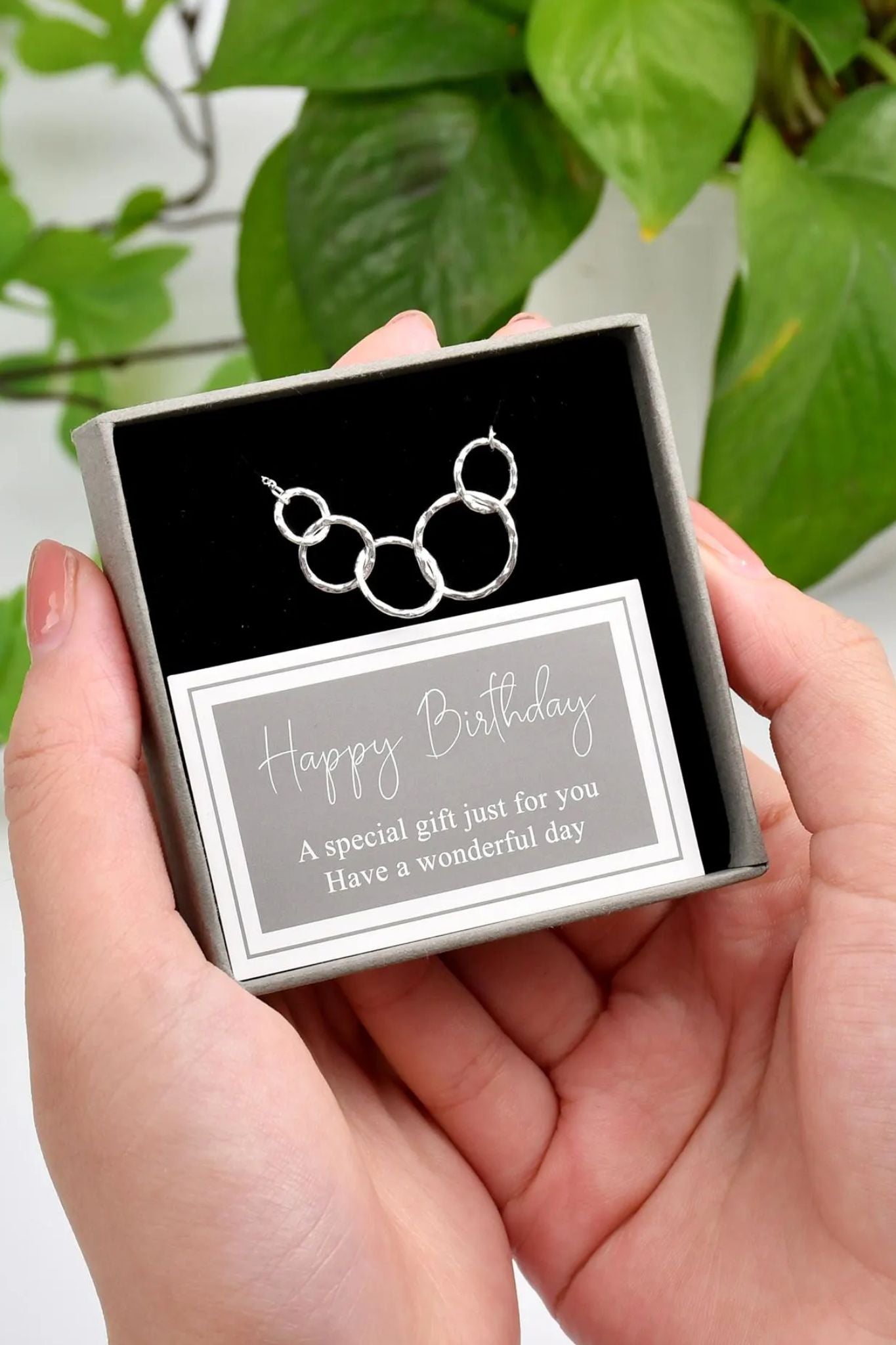 Silver Happy Birthday Gift Silver Five Ring Necklace, Image 1 of 3