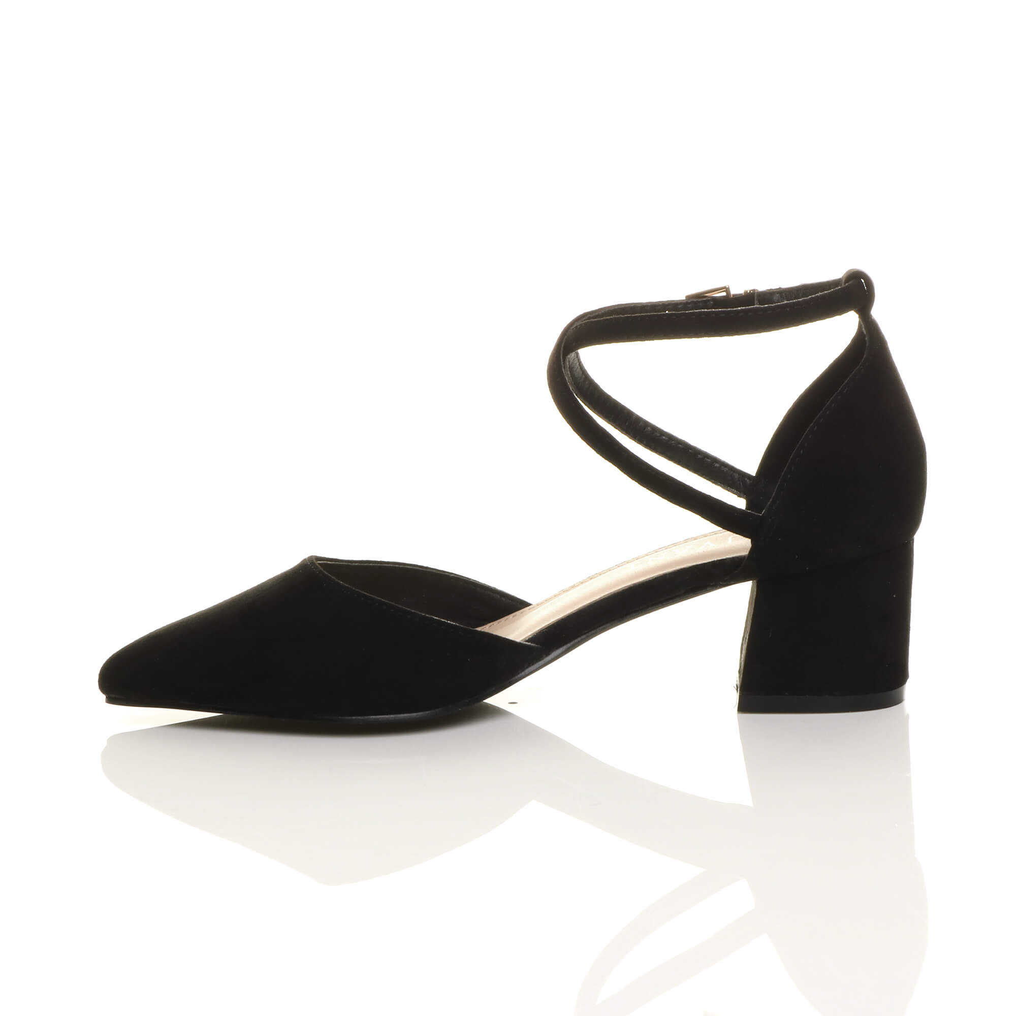 Black Mid Block Heel Crossed Strap Pointed Toe 2 Part Heels, Image 3 of 6