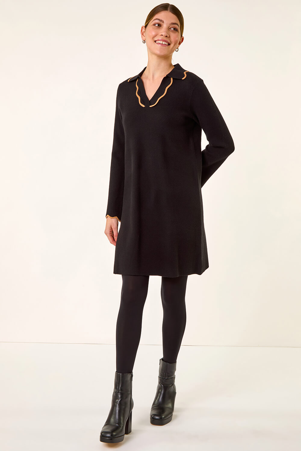 Black Scalloped Edge Knit Dress, Image 1 of 5