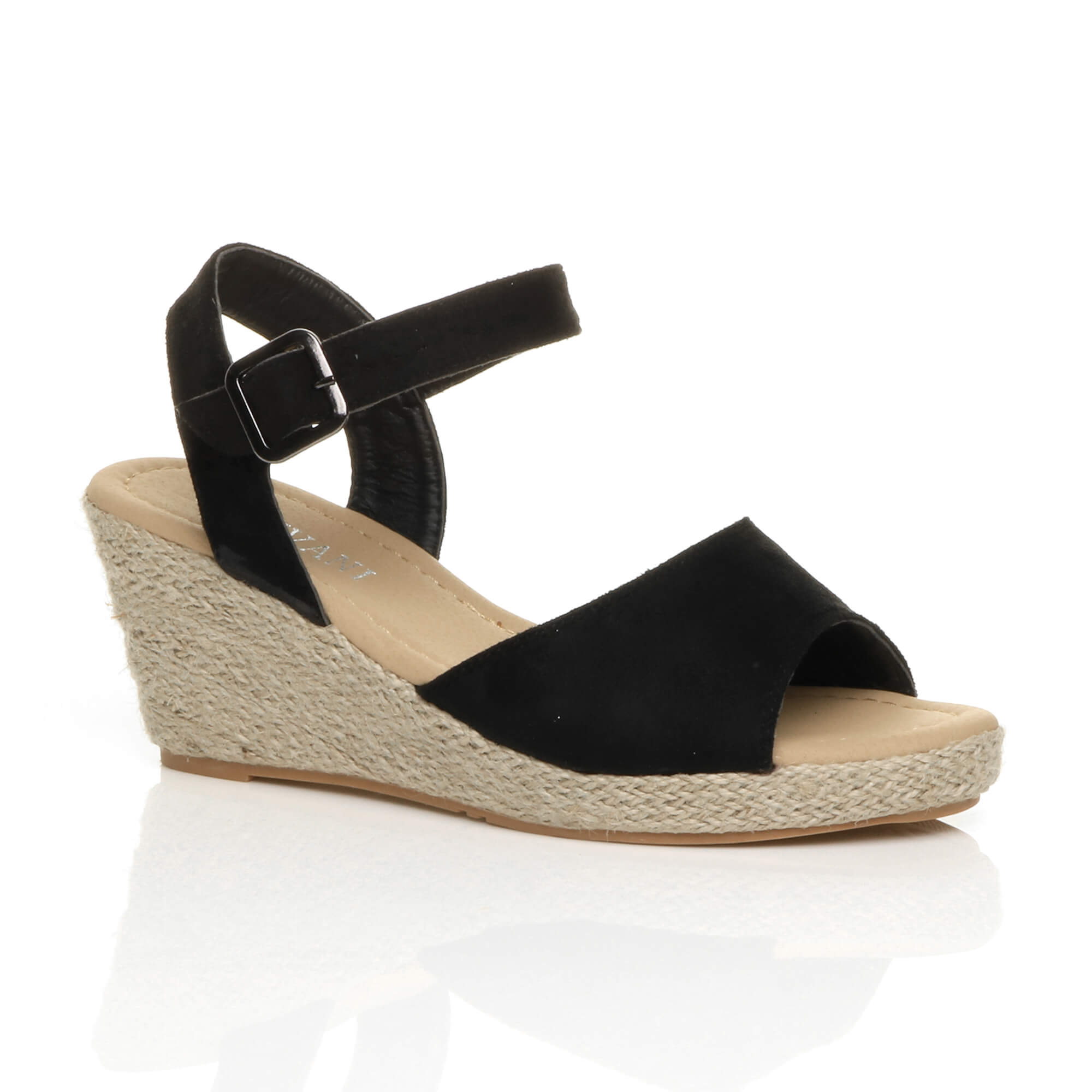 Black AJVANI Black Mid Wedge Heel Ankle Strap Sandals Espadrilles, Image 1 of 6