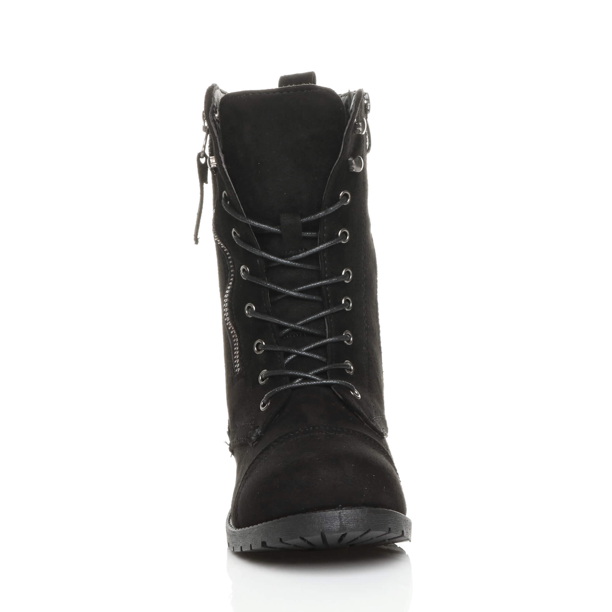 Black Lace Up Zips Military Biker Ankle Boots, Image 6 of 6