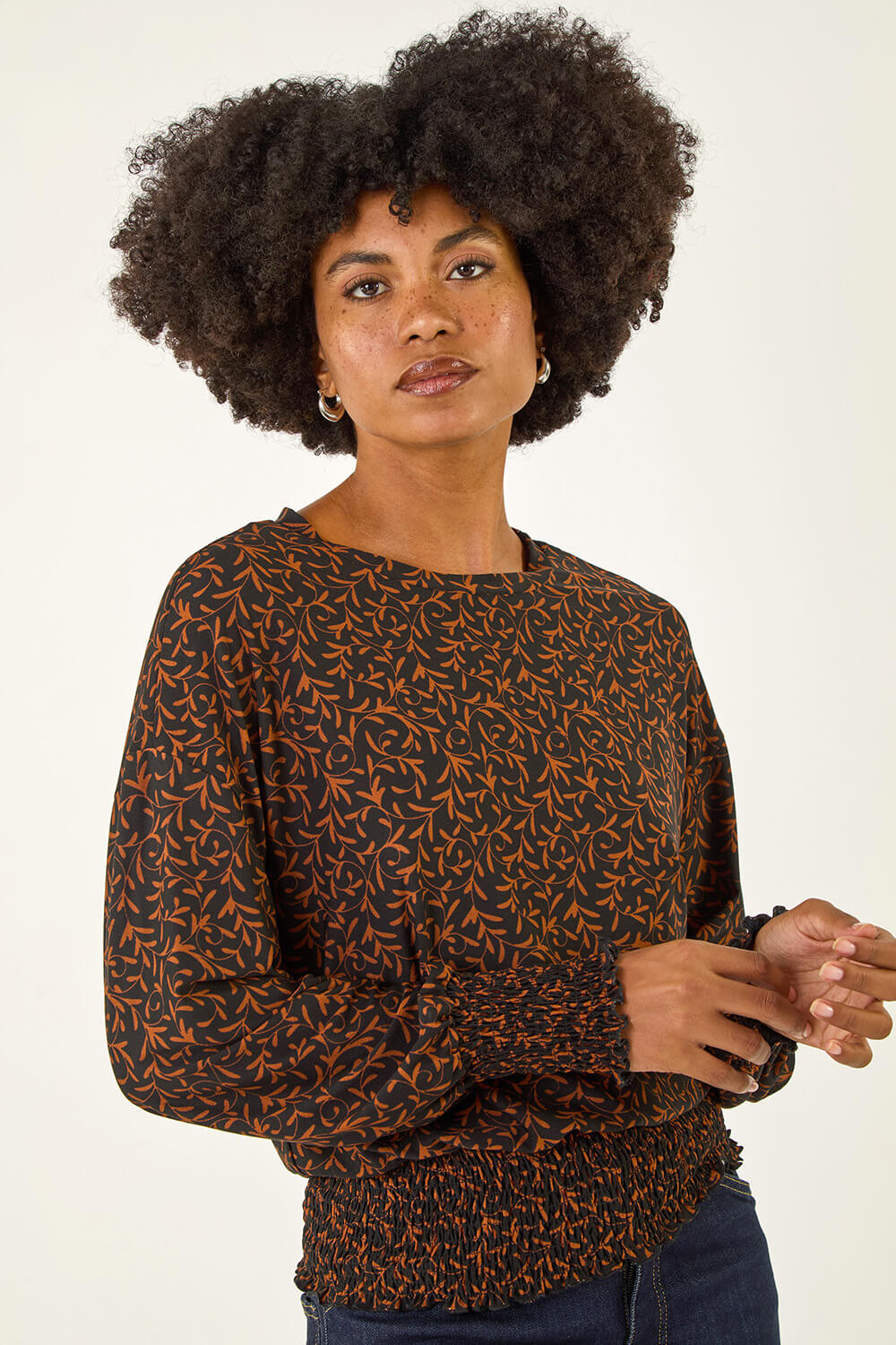 Black Abstract Print Shirred Top, Image 5 of 5