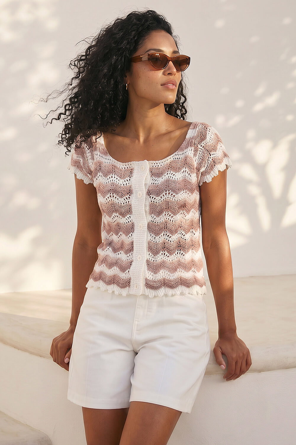 Ivory Wave Crochet Buttoned Top, Image 1 of 4