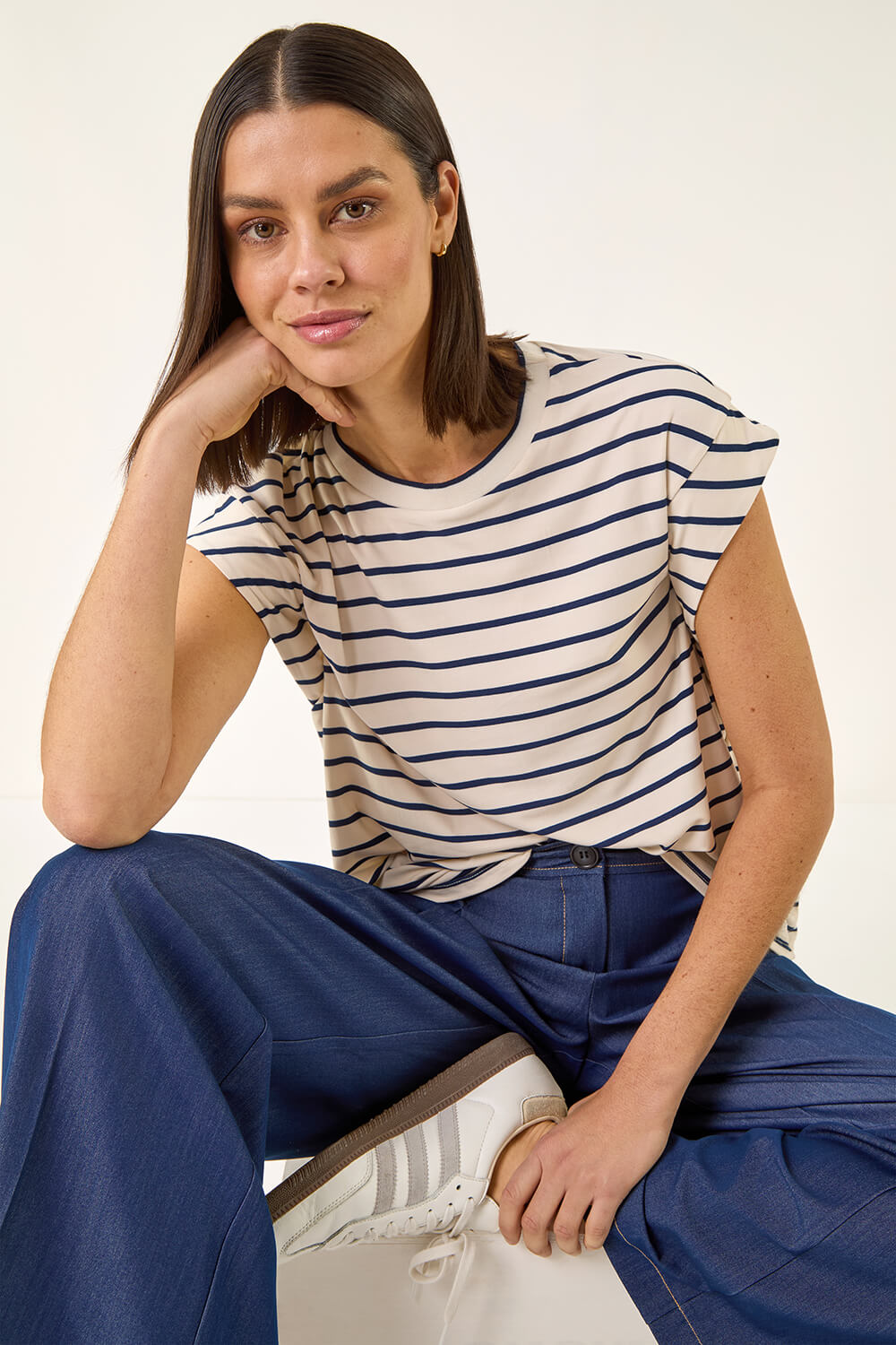 Roman Women's Ivory Soft Touch Stripe Stretch Top Size 14