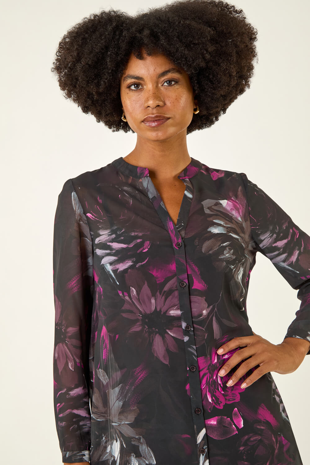 Black Floral Print Pleated Back Blouse, Image 5 of 5