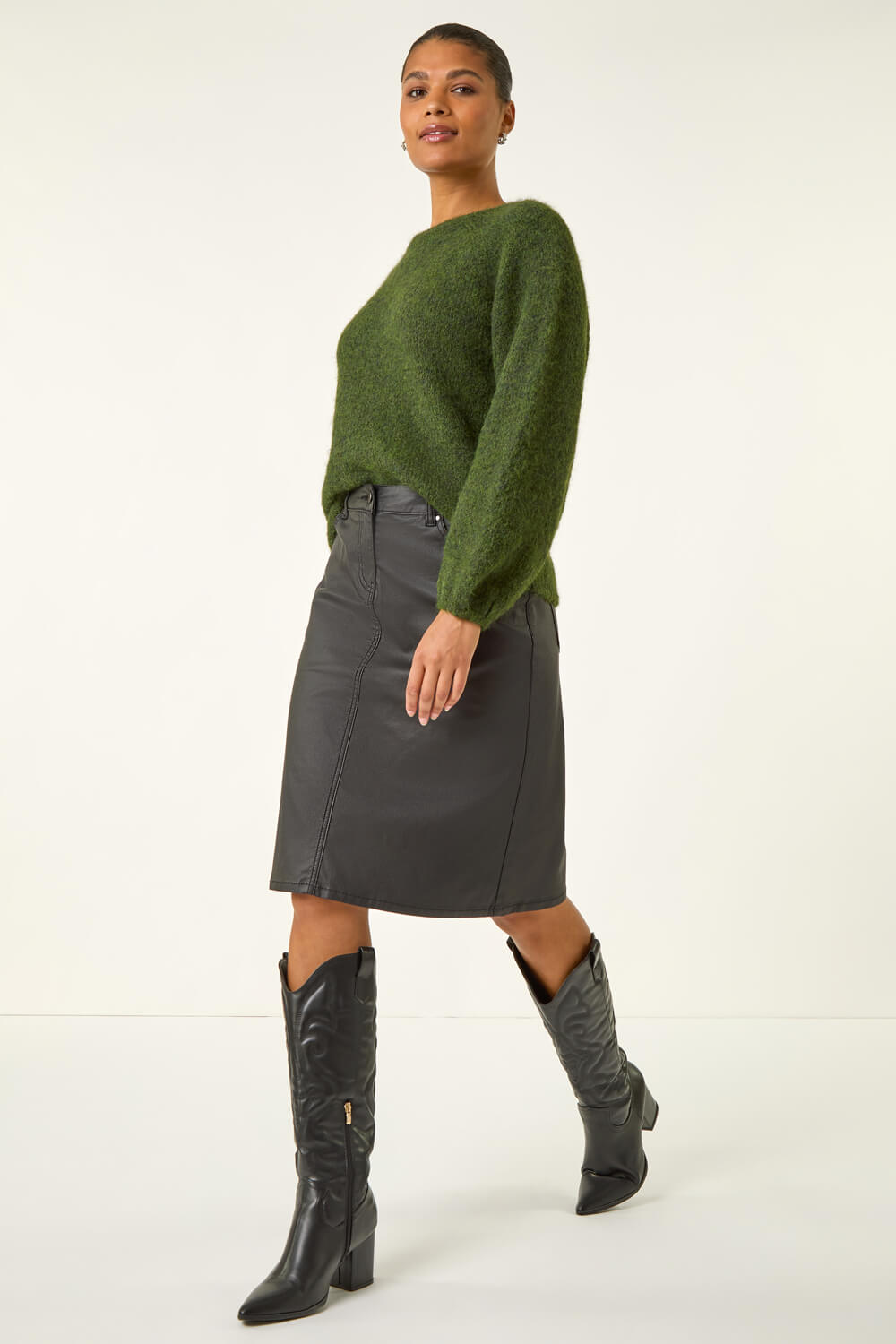 Black Coated Stretch A-Line Skirt, Image 4 of 5