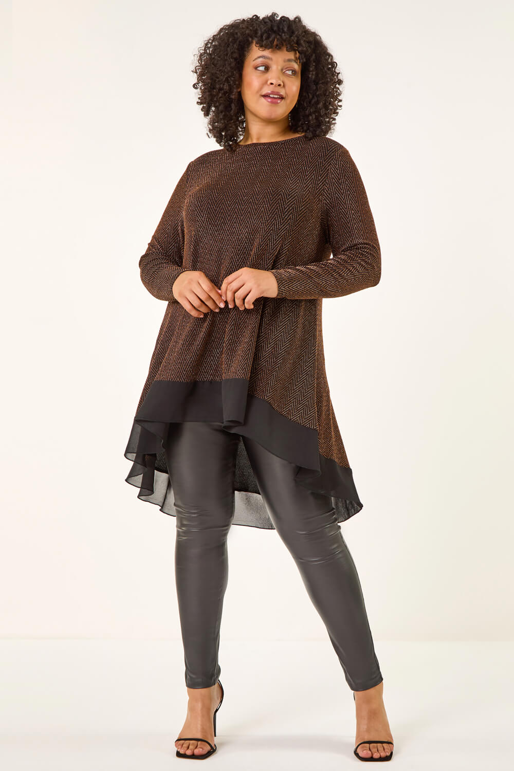 Bronze Curve Glitter Chiffon Hem Tunic Top, Image 3 of 5