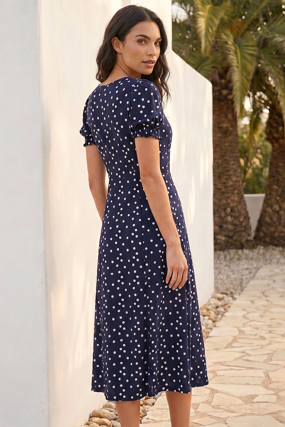 Navy  Polka Dot Sweetheart Neck Stretch Midi Dress, Image 4 of 4