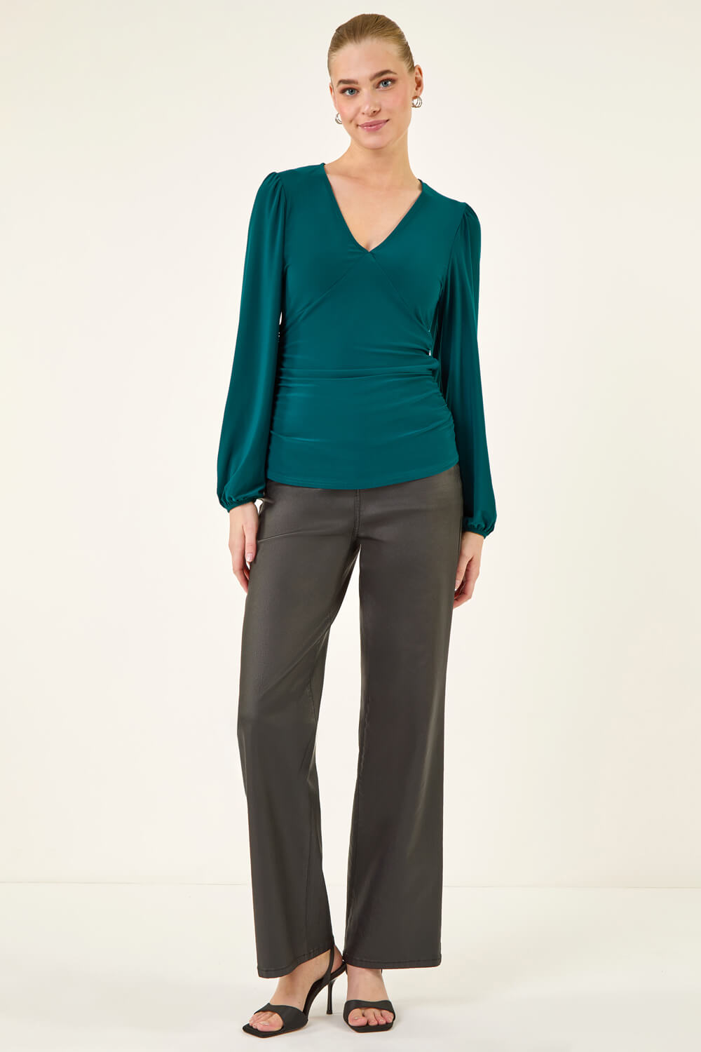 Teal Gathered V-Neck Stretch Top, Image 3 of 5