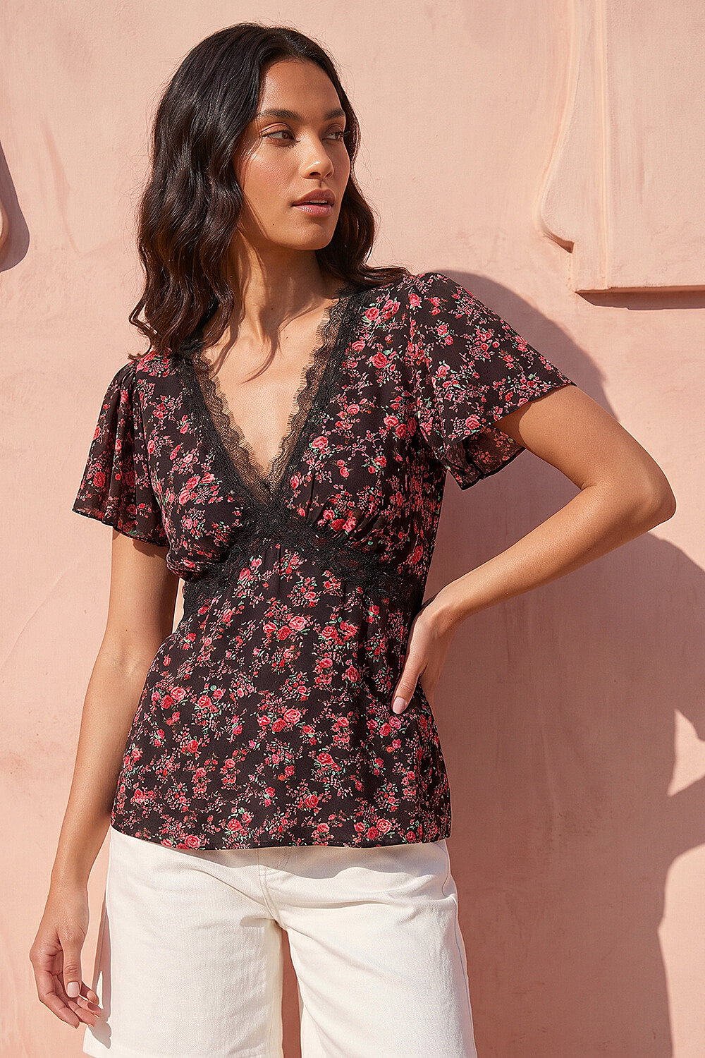Black Floral Print Lace Detail Top, Image 3 of 4