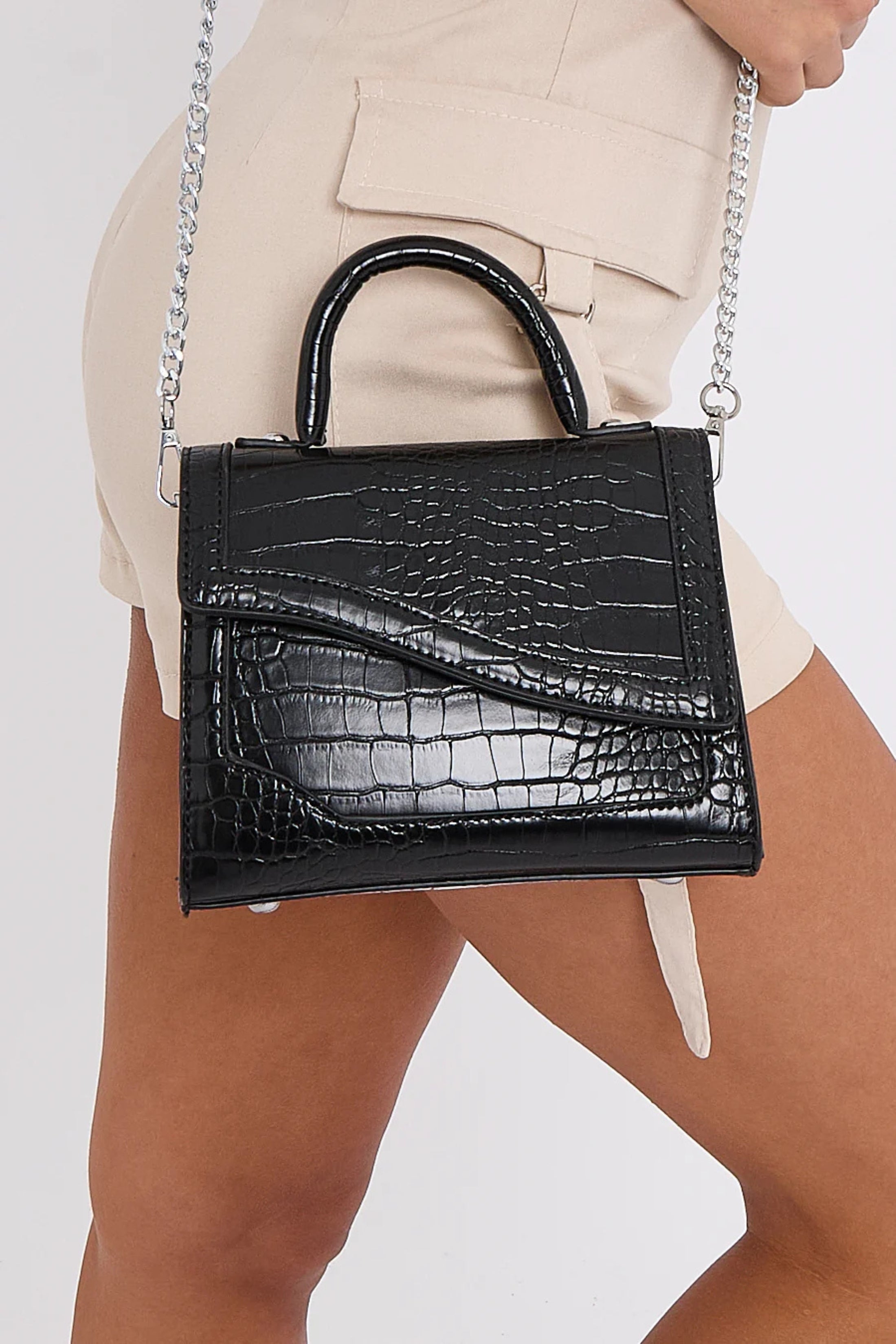 Black Croc Textured PU Mini Grab Bag - Leia, Image 1 of 3