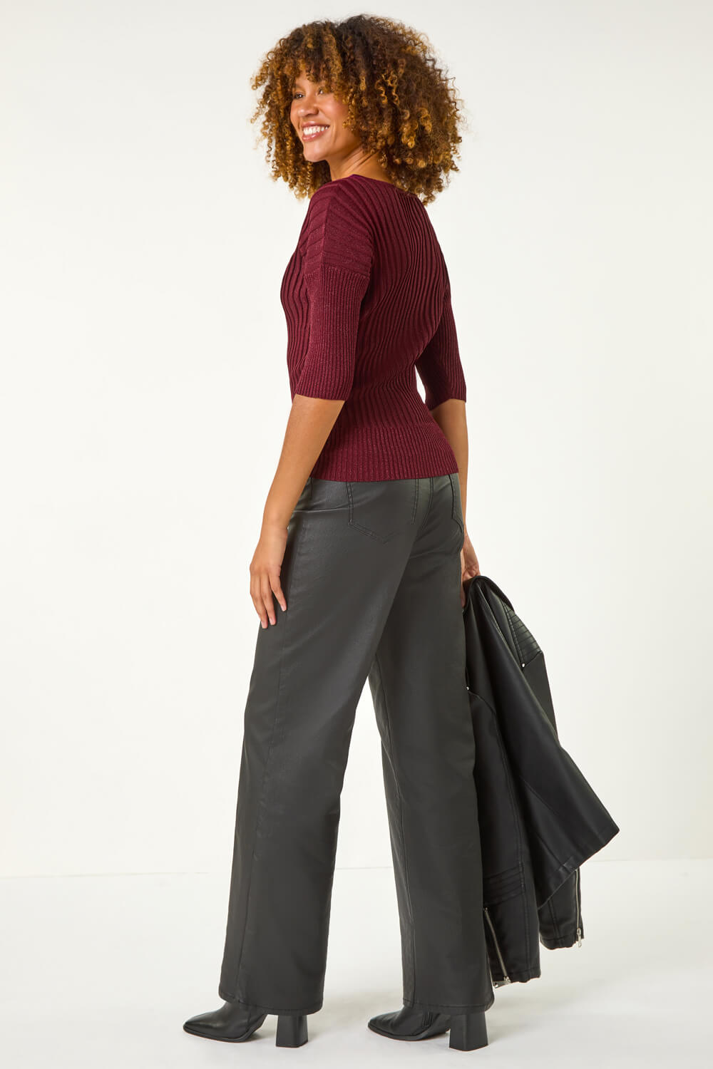 Wine Sparkly Ribbed Batwing Knit Jumper, Image 4 of 5
