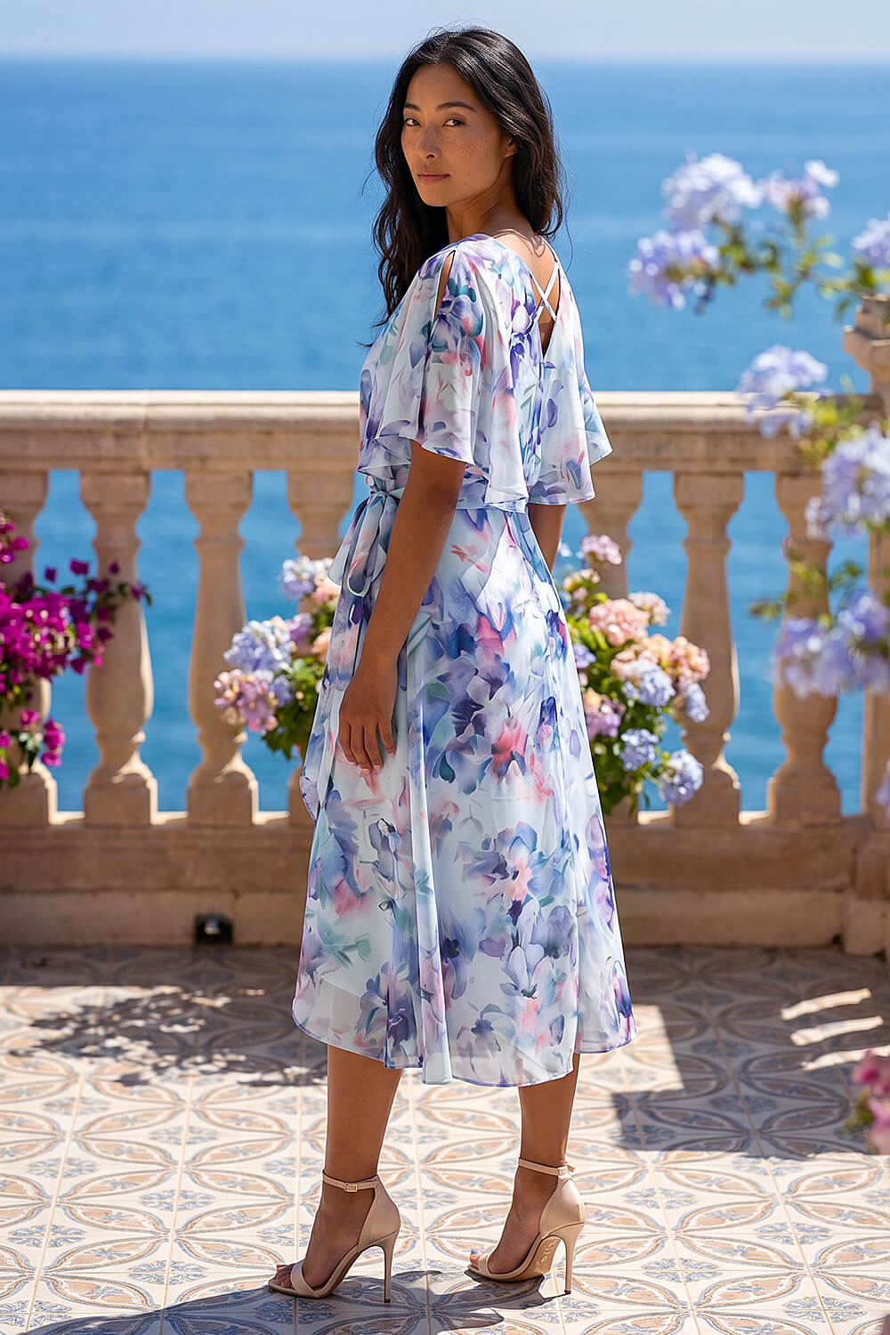 Blue Petite Floral Tie Front Cape Dress, Image 3 of 4