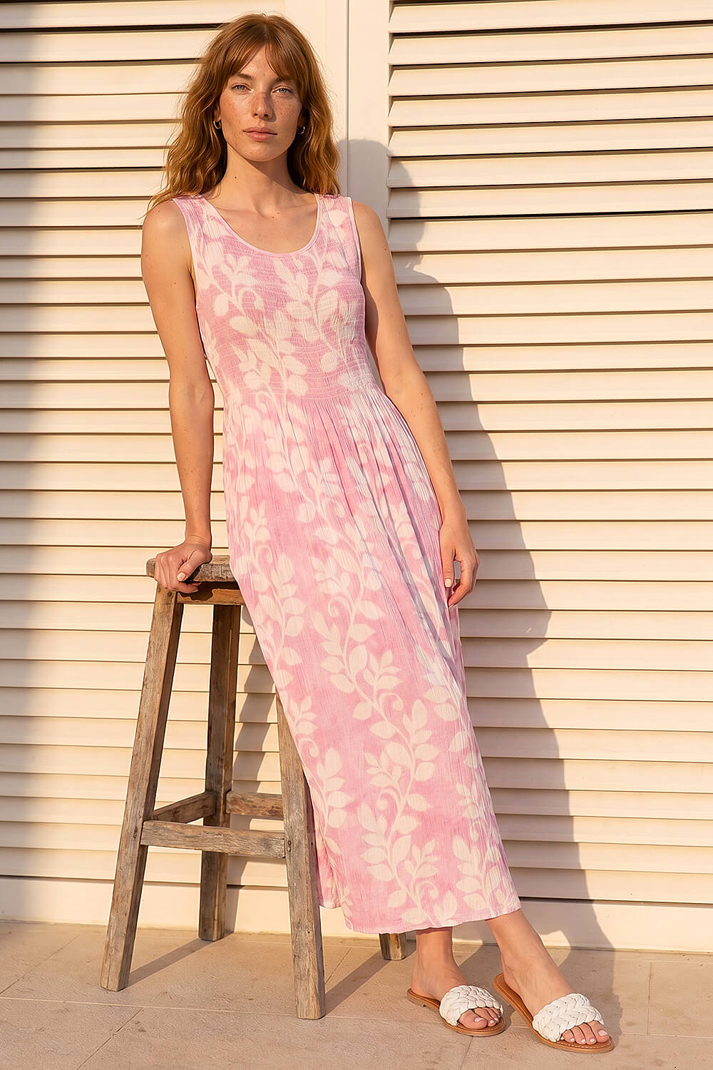 Pink Leaf Print Crinkle Dress, Image 3 of 4