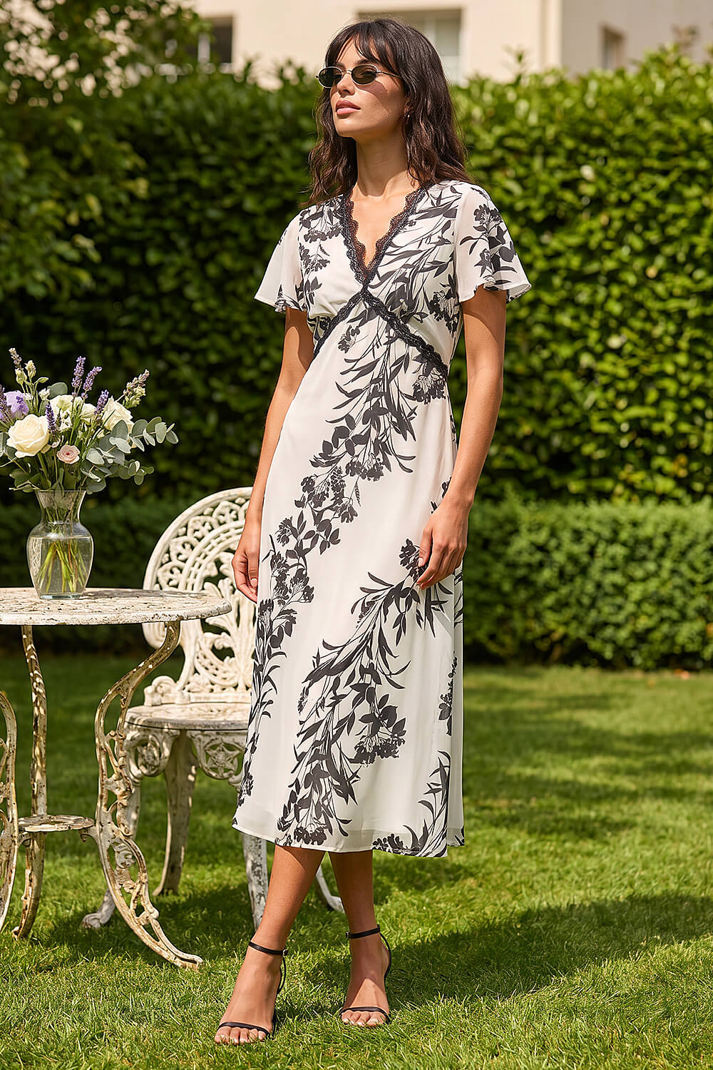 White Lace Trim V-Neck Chiffon Midi Dress, Image 3 of 4