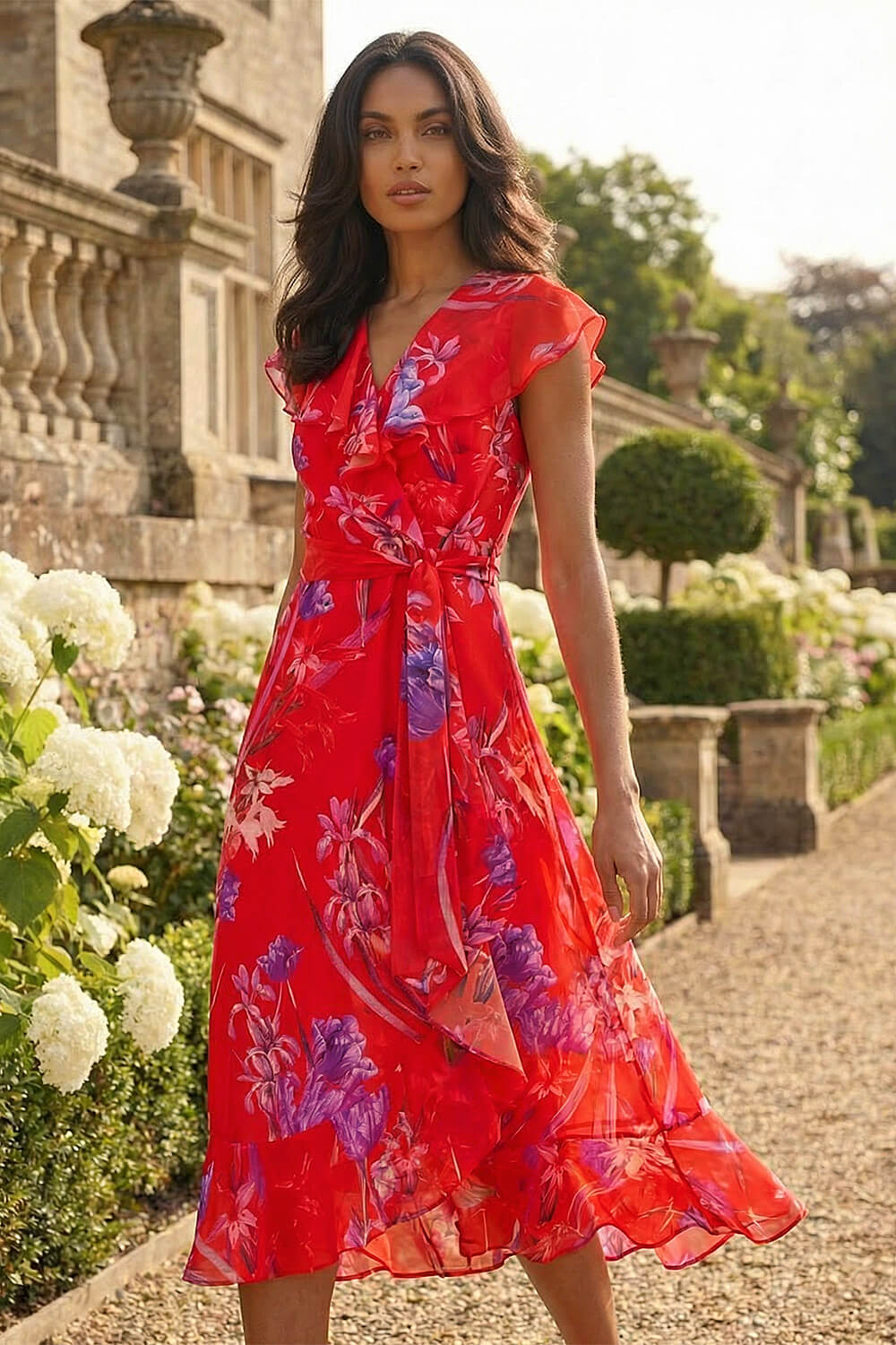 Red Floral Print Ruffle Wrap Front Midi Dress, Image 3 of 4