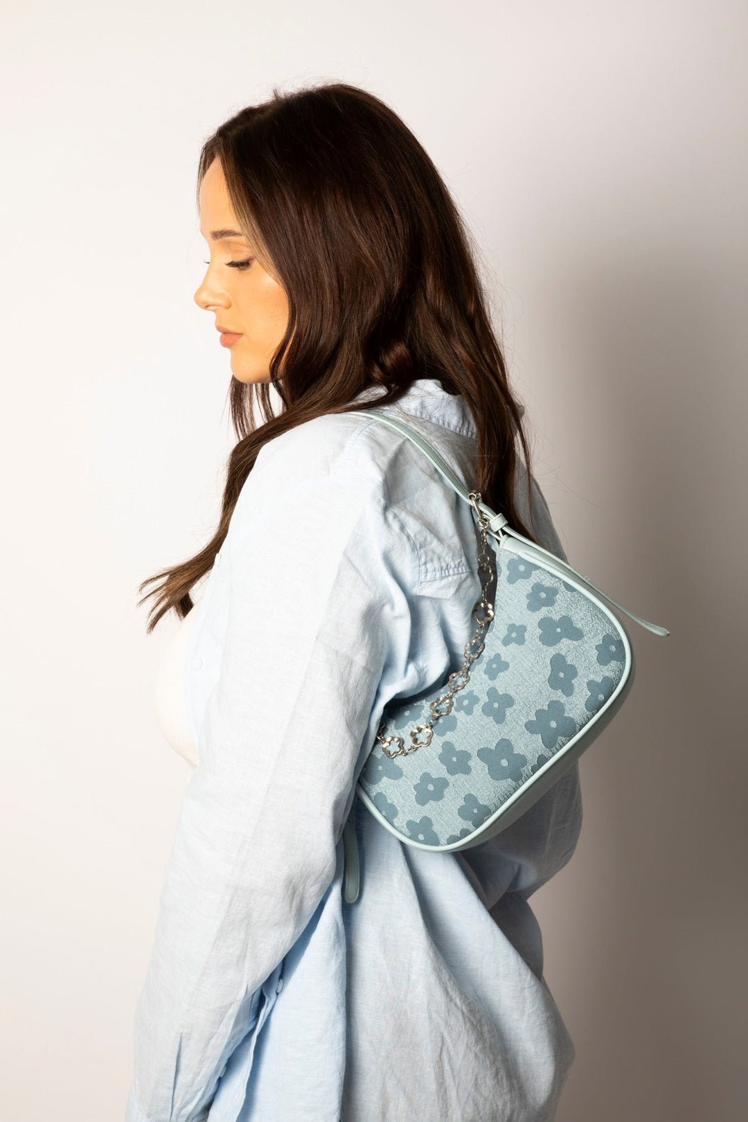 Blue Floral Print Miniture Shoulder Bag With Chain, Image 5 of 5