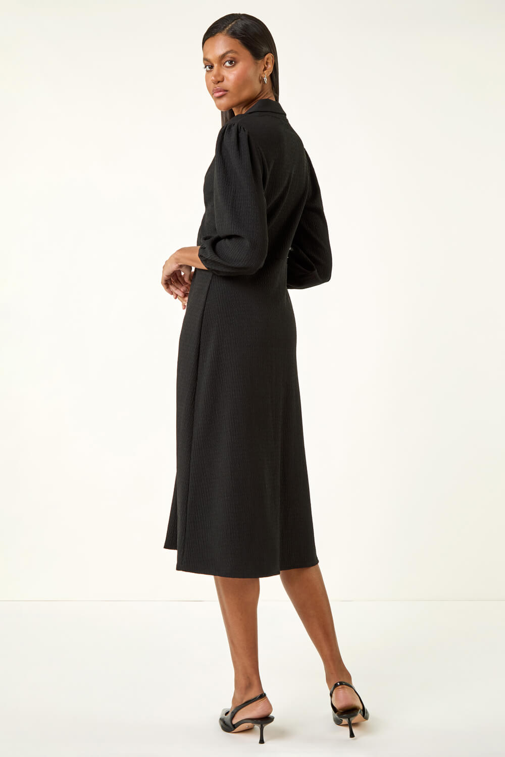 Black Textured Collared Twist Front Dress, Image 4 of 5