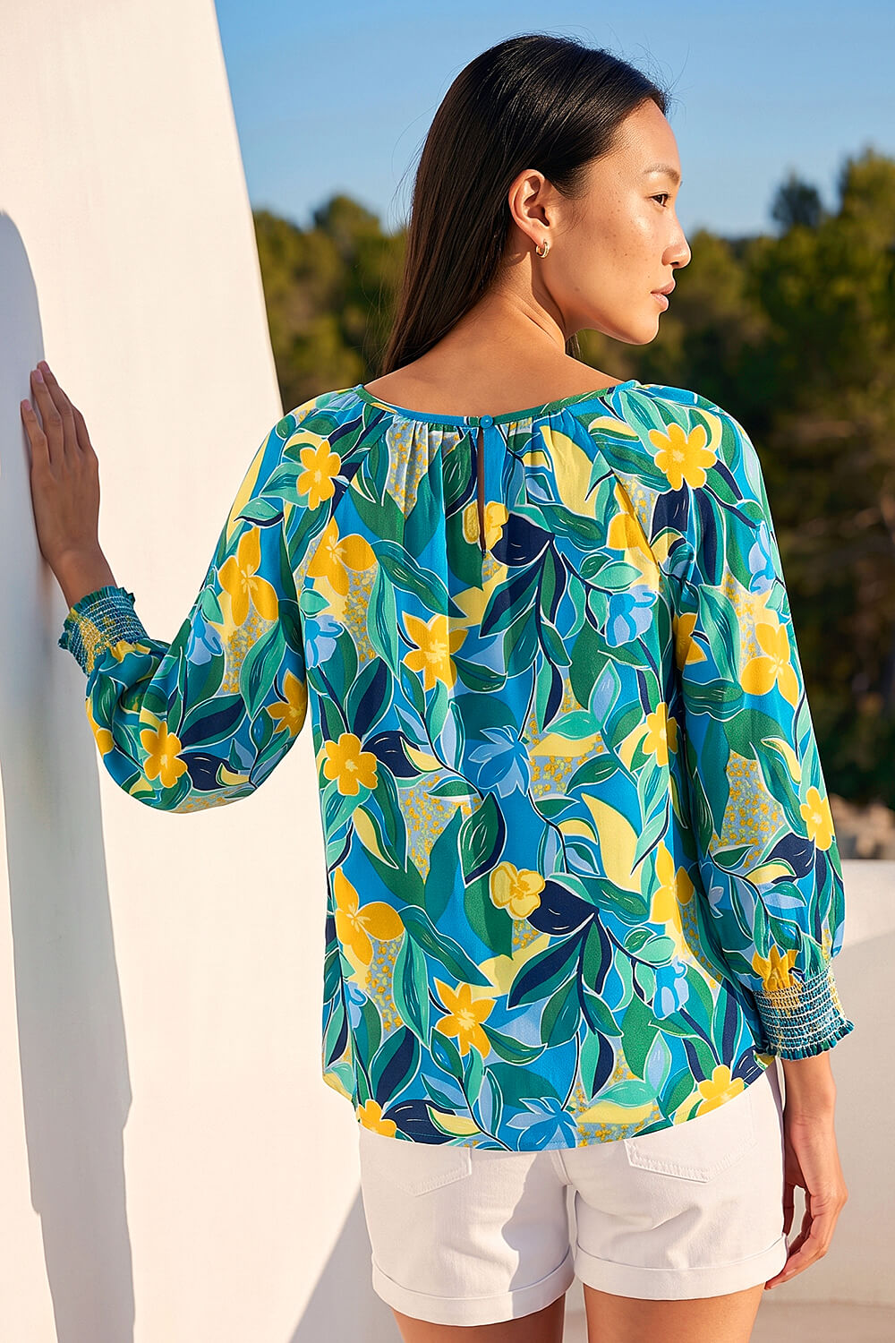 Blue Leaf Print 3/4 Sleeve Top, Image 3 of 4
