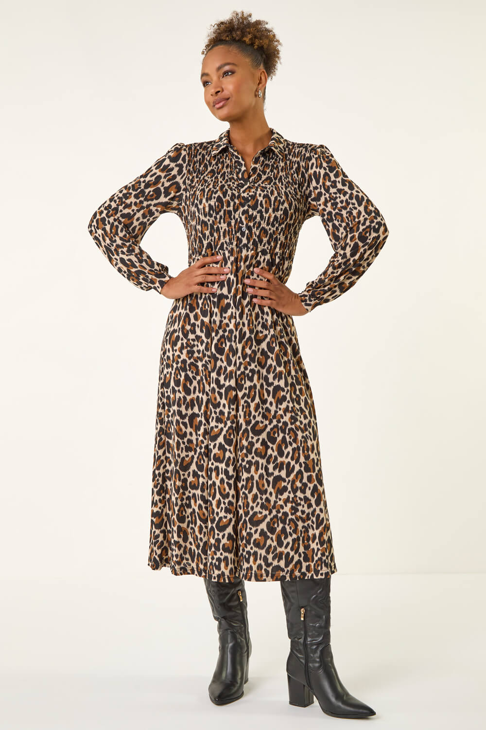 Roman Women's Tan Animal Print Shirred Midi Dress Size 20
