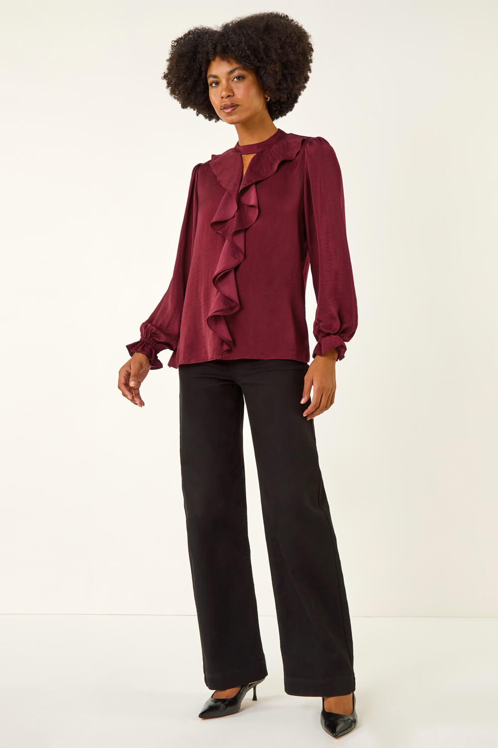 Wine Ruffle Front Keyhole Satin Top, Image 3 of 5