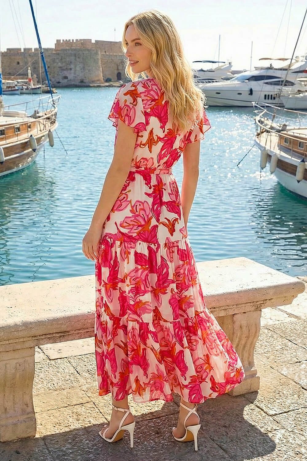 Red Floral Tiered Tie Waist Dress, Image 4 of 4