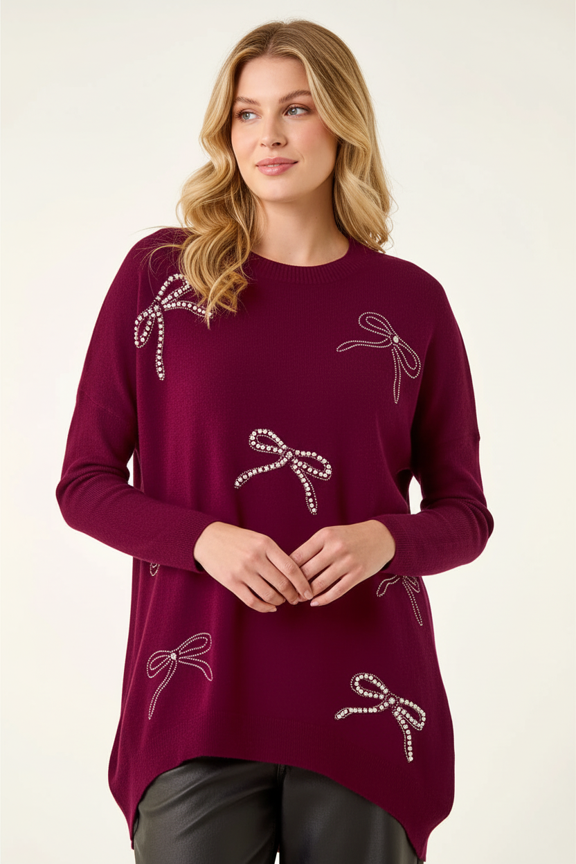 Roman Women's Maroon Embellished Bow Knit Jumper Size 18
