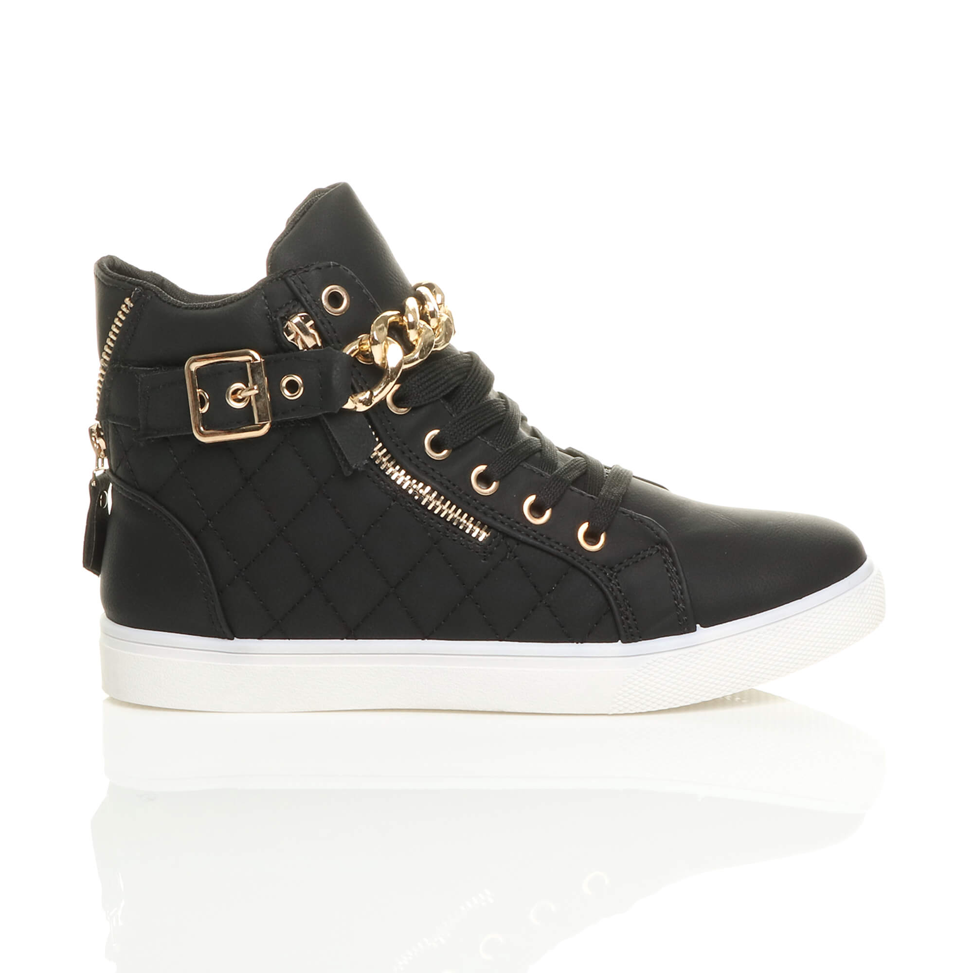 Black Gold Chain Lace Up Trainers Hi Tops, Image 2 of 6
